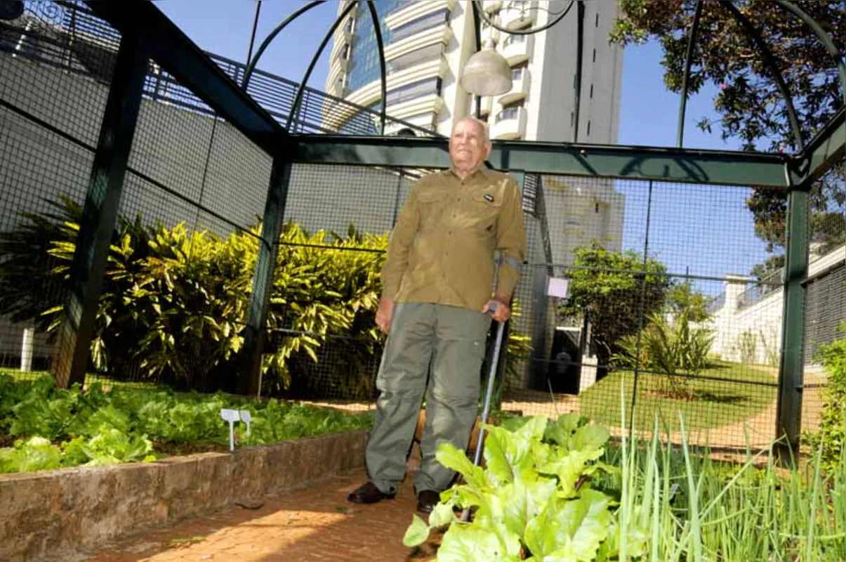 A dedicação do médico Nereu Genta garante a manutenção da horta do edifício, os demais moradores lucram com verduras fresquinhas