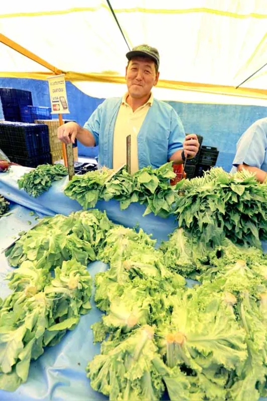 Keigo Fukuda vende as verduras produzidas numa propriedade onde toda família trabalha das 5 às 20h