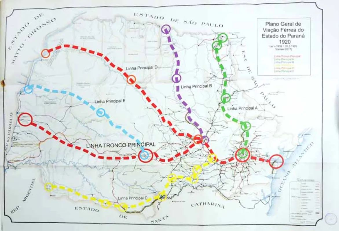 Página do livro "Terras do Norte - Paisagem e Morfologia": linhas férreas previstas em lei traçadas sobre o "Mappa de Viação do Estado do Paraná", de 1925
