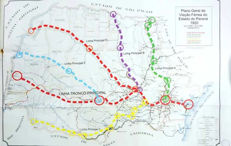Página do livro "Terras do Norte - Paisagem e Morfologia": linhas férreas previstas em lei traçadas sobre o "Mappa de Viação do Estado do Paraná", de 1925