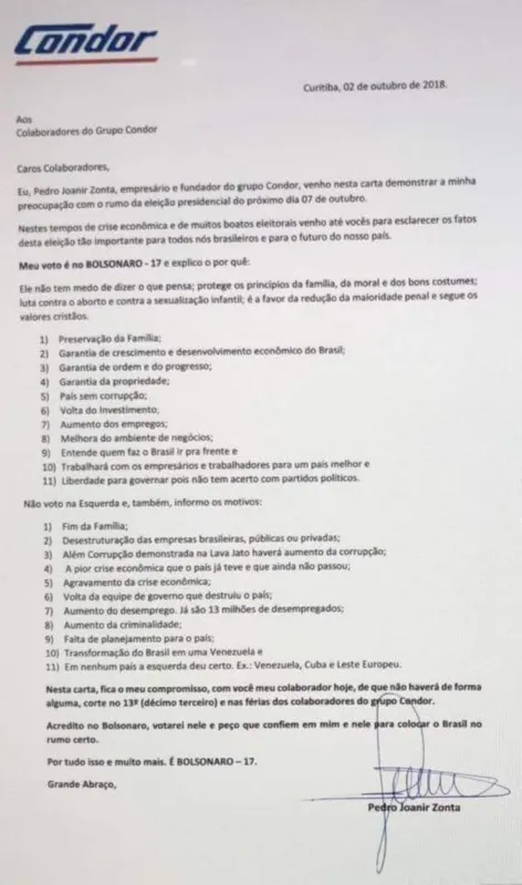 Imagem ilustrativa da imagem Presidente do Condor envia carta pedindo que funcionários votem em Bolsonaro