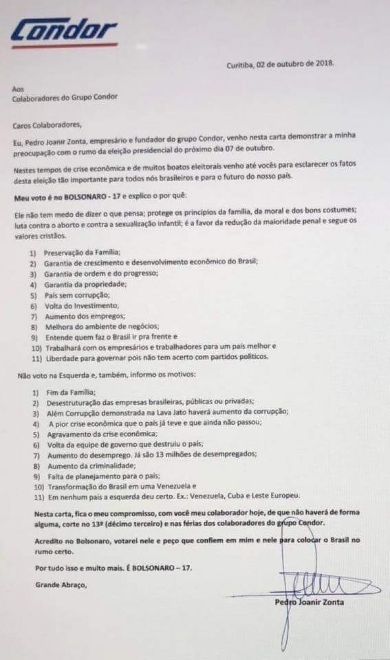 Presidente da Rede Condor Supermercados envia carta pedindo que funcionários votem em Bolsonaro