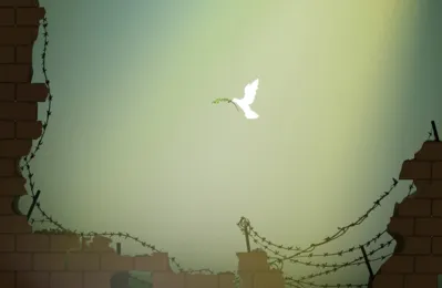 piece come, pigeon with olive branch flying to the destroyed brick wall with barbed wire, symbol of hope, new life after war concept, massage of piece, vector