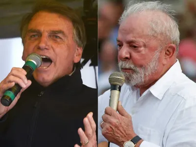 (COMBO) This combination of pictures created on August 16, 2022 shows Brazil's President Jair Bolsonaro (L) speaking during the launching of his re-election campaign for the upcoming national elections in October, in Juiz de Fora, Minas Gerais state, Brazil, on August 16, 2022; and Brazilian presidential candidate for the leftist Workers Party (PT) and former President (2003-2010), Luiz Inacio Lula da Silva, delivering a speech during the launching of his campaign for the upcoming national elections in October on a rally at a Volkswagem car factory in Sao Bernardo do Campo, Sao Paulo, Brazil, on August 16, 2022. - The race for Brazil's October elections formally opened Tuesday, with dueling campaign events by far-right incumbent Jair Bolsonaro and leftist ex-president Luiz Inacio Lula da Silva highlighting the South American giant's deep divides. Front-runners Bolsonaro and Lula, who have in reality been on the campaign trail for months, made it official on opening day with rival events showcasing their polar-opposite styles. (Photo by MAURO PIMENTEL and Miguel SCHINCARIOL / AFP)