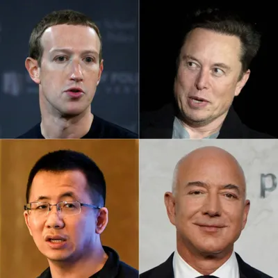 Mark Zuckerberg, fundador do Facebook;
Elon Musk, da Twitter e da SpaceX;  Zhang Yiming, da TikTok, e Jeff Bezos, fundador da Amazon