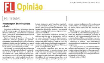 Imagem ilustrativa da imagem EDITORIAL - Bolsonaro pede desobstrução das estradas
