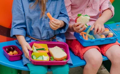 Healthy food concept. Girl and boy preschool students eating their lunches of sandwich, fresh vegetables and berries from lunch boxes sitting outdoor.