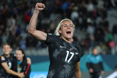 New Zealand's forward #17 Hannah Wilkinson celebrates her team winning the Australia and New Zealand 2023 Women's World Cup Group A football match between New Zealand and Norway at Eden Park in Auckland on July 20, 2023. (Photo by Marty MELVILLE / AFP)