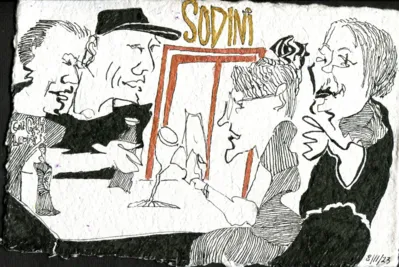 Desenho que Ann Cohen fez em agosto passado tendo como tema os
frequentadores do restaurante Sodini em North Beach, San Francisco