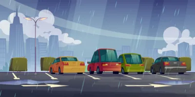 Rain on car park lot and city street road vector illustration background. Free vehicle rest area with skyscraper and falling raindrop weather landscape. Water puddle on urban public asphalt carpark