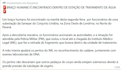 Imagem ilustrativa da imagem 'Braço encontrado dentro de estação de tratamento' é notícia velha