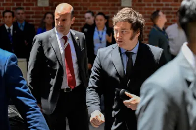 Argentina's President Javier Milei leaves Holocaust Museum in Buenos Aires after attending an event to commemorate International Holocaust Day, on January 26, 2024. (Photo by Luis ROBAYO / AFP)