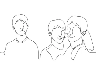 lonely man with envy looks at hugging friends or lovers - one line drawing. the concept of jealousy of someone else's friendship or love relationship