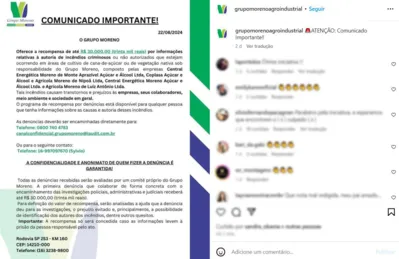 Imagem ilustrativa da imagem Empresa oferece R$30 mil de recompensa por informações de incêndio criminoso