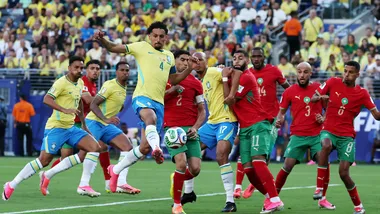 Brazil's defender #04 Marquinhos kicks the ball during the 2026 World Cup Group C football match between Brazil and Morocco at the New York/New Jersey Stadium in East Rutherford on June 13, 2026. (Photo by TIMOTHY A. CLARY / AFP)