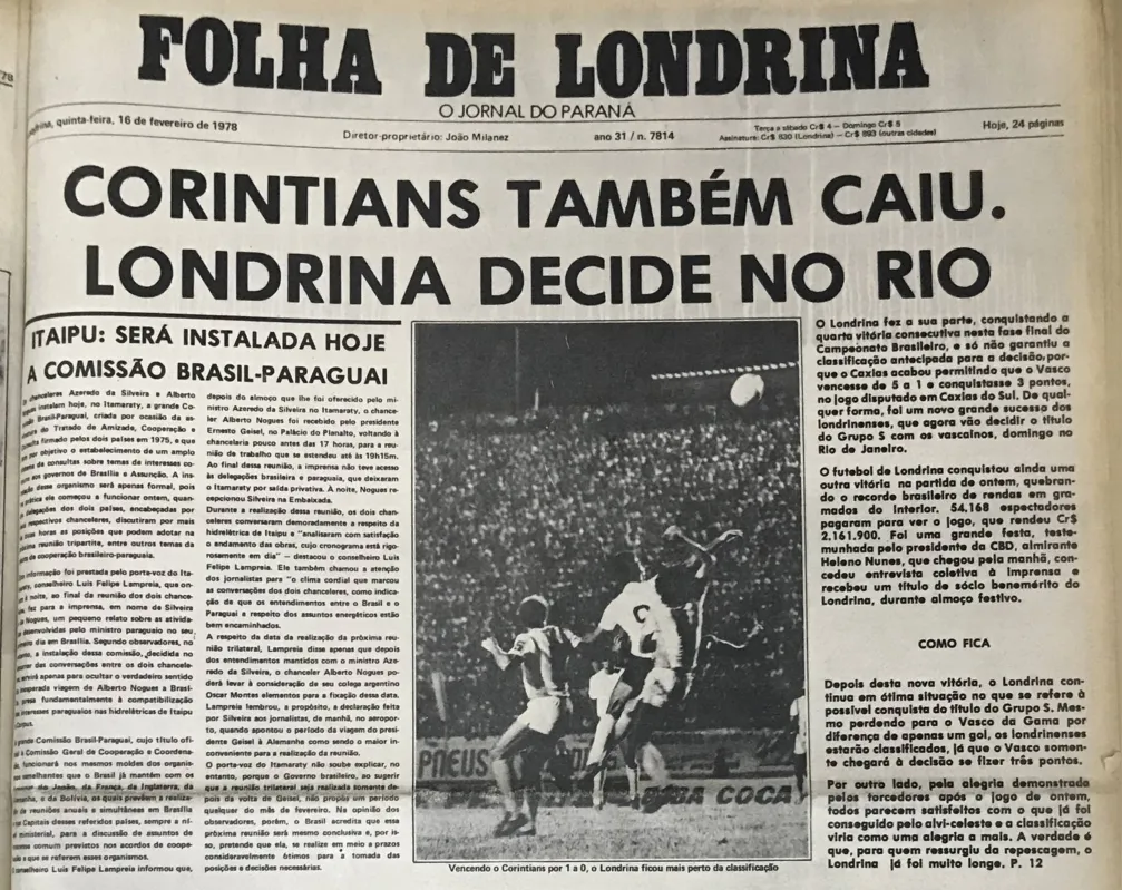 Capa da FOLHA após a vitória londrinense pelo Brasileiro de 1977: Garcia, ex-jogador do Timão, fez o único gol da partida