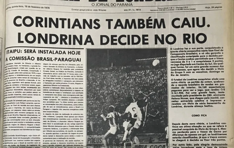 Capa da FOLHA após a vitória londrinense pelo Brasileiro de 1977: Garcia, ex-jogador do Timão, fez o único gol da partida