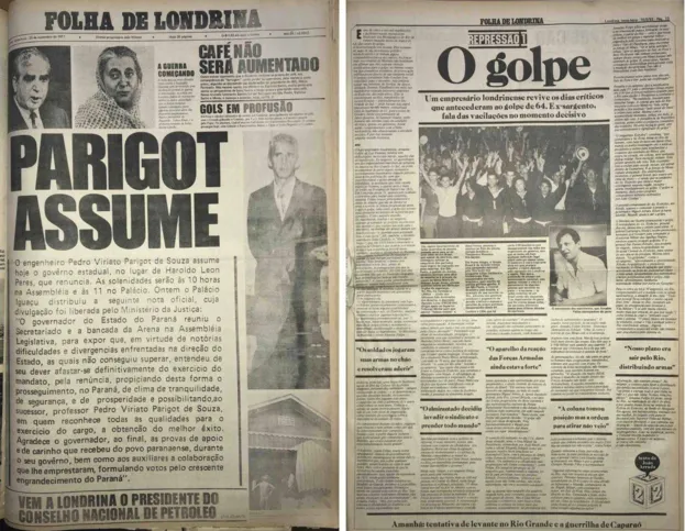 À esquerda: reportagem de 23 de novembro de 1971, governador Haroldo Leon Peres renuncia; à direita: primeira reportagem da série “Repressão” sobre prisões e torturas de ativistas no Norte do Paraná de 10 de maio de 1983