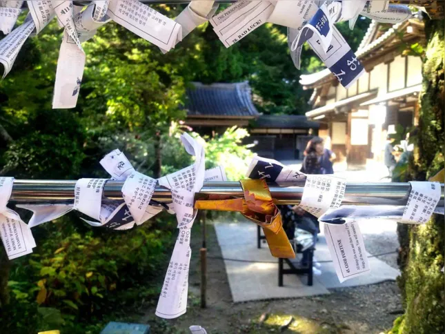 “Omikuji”, pequenas tiras de papel contendo uma sorte e que são adquiridas em templos budistas ou santuários xintoístas. Caso a sorte seja ruim, deve-se amarrar o papel em um suporte oferecido no local