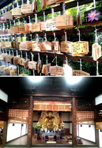 (Acima) Emas, placas de madeira onde visitantes de tempos budistas e santuários xintoístas podem escrever seus desejos (abaixo) Imagem de Buda no templo Chusonji, na província de Iwate