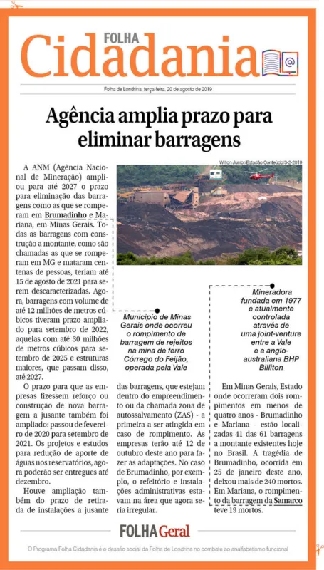 Imagem ilustrativa da imagem Agência amplia prazo para eliminar barragens como a de Brumadinho