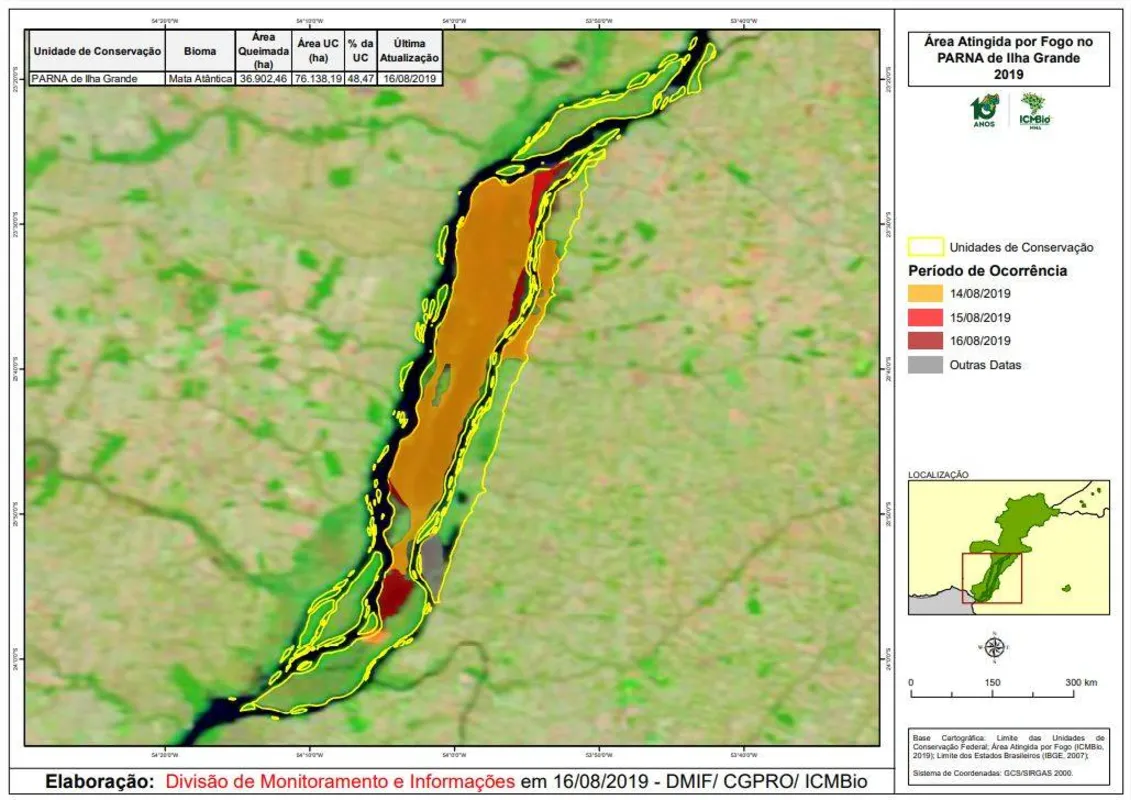 Mapa mostra proporções de incêndio no parque
