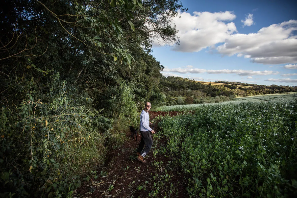 Adrian Saegesser entre a monocultura de soja e a biodiversidade da Pousada Marabu (Foto: Ricardo Chicarelli)