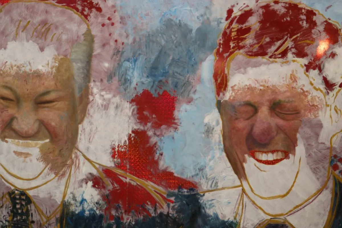 Vladimir Potapov(Rússia): pintura inspirada em coletiva de imprensa com o presidente russo Boris Yeltsin e o americano Bill Clinton nos EUA, em 1995