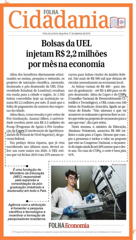 Imagem ilustrativa da imagem Bolsas da UEL injetam R$ 2,2 milhões por mês na economia
