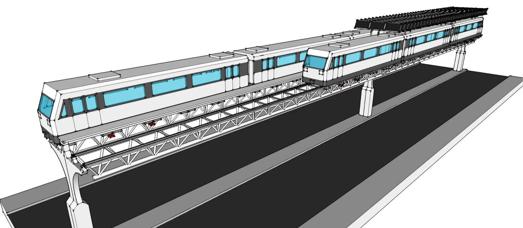 Conceito ilustrativo de um metrô de levitação eletromagnética em elevado, aproveitando o canteiro central de uma rodovia de pista dupla, parcialmente coberto de painéis solares