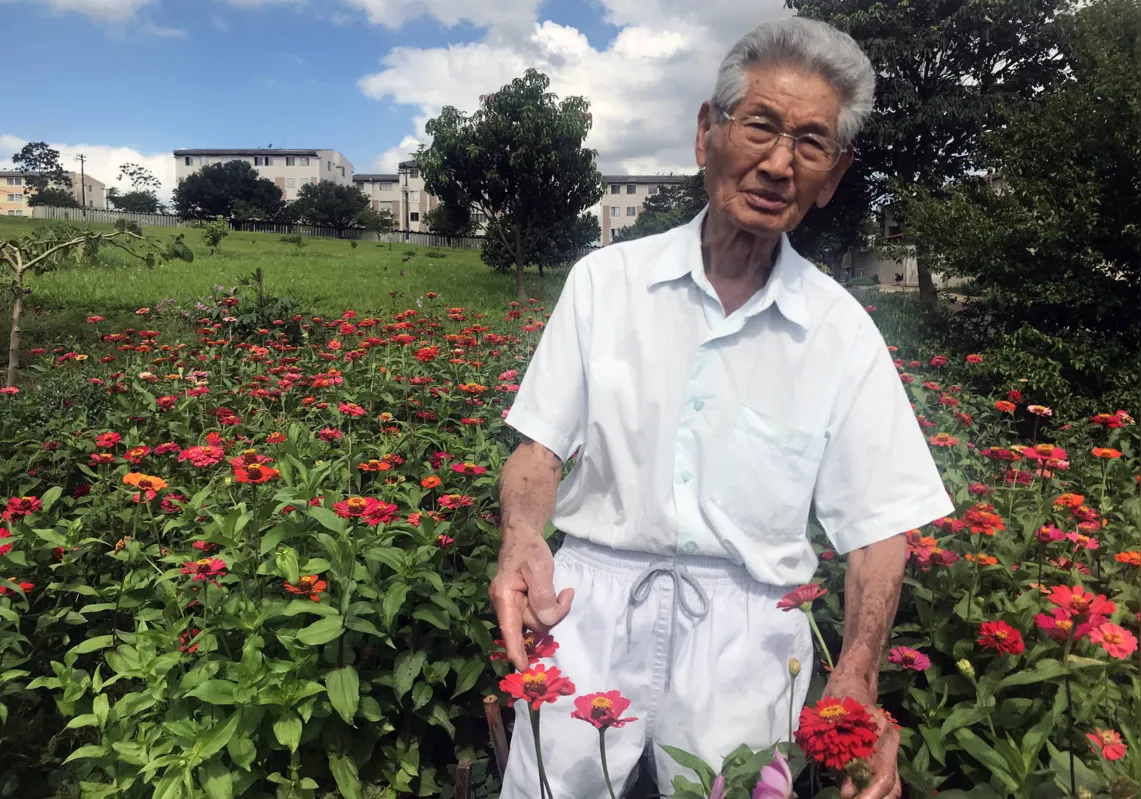 "Comecei com um pé de quiabo", conta o agricultor Takefumi Kumagai sobre o início do pomar que hoje tem mais de sete espécies de árvores frutíferas