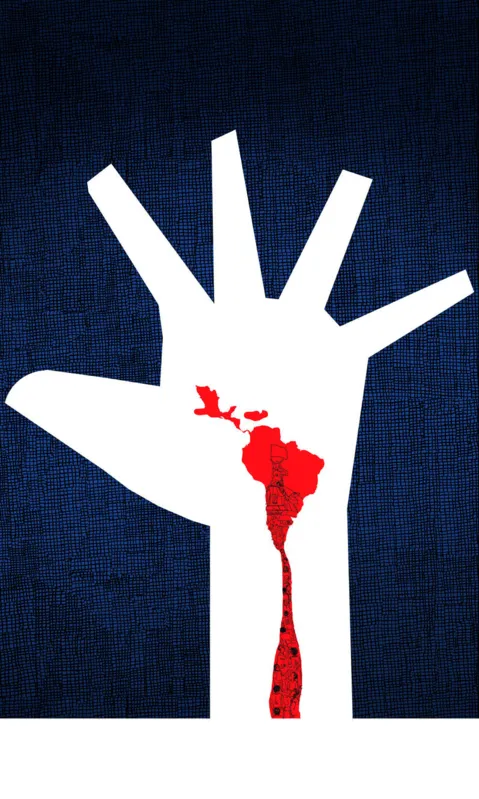 Ilustração de Marco Jacobsen registra momentos importantes das revoltas recentes sobre a silhueta da Mão da América, monumento criado por Oscar Niemayer para celebrar as lutas pela liberdade latino-americana.