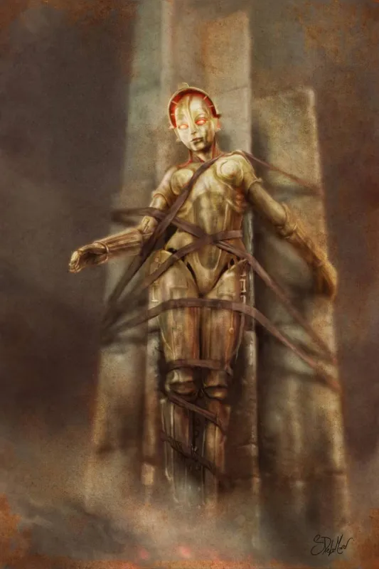Ilustração da falsa Maria, personagem da ficção científica de 1927 "Metropolis", obra cinematográfica do alemão Fritz Lang, criada pelo artista gráfico britânico Steve De La Mare.