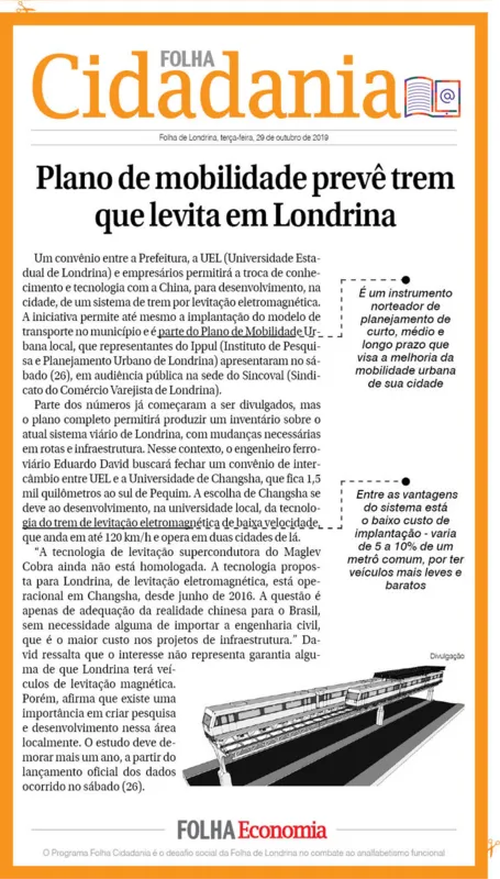 Imagem ilustrativa da imagem Plano de mobilidade prevê trem que levita em Londrina