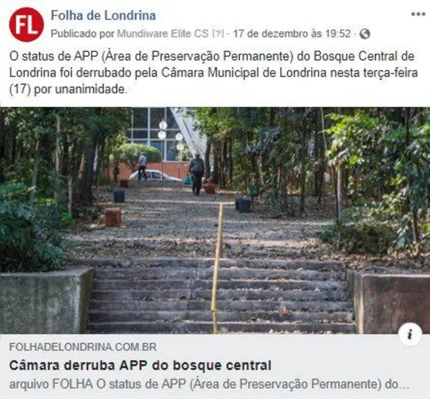 Imagem ilustrativa da imagem Status de APP do Bosque Central