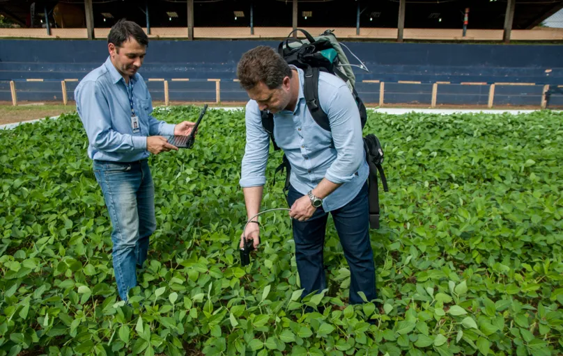 Samuel Roggia, da Embrapa Soja, e Luiz Eduardo Vicente, da Embrapa Meio Ambiente: sensoreamento para detecção de pragas na soja