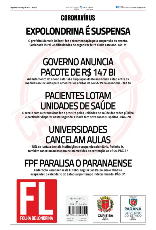 Imagem ilustrativa da imagem Capa 17/03/2020
