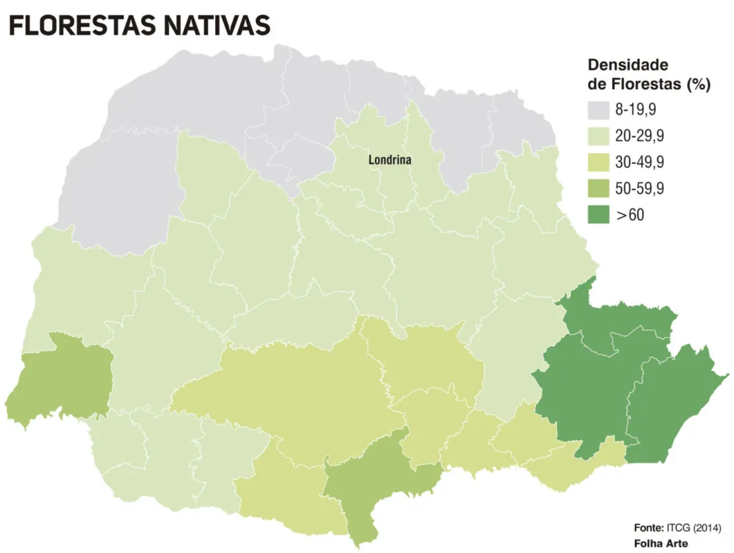 Mapa de densidade de Florestas Naturais (%) em relação ao território do Paraná