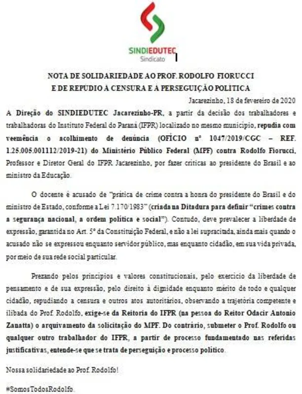 Imagem ilustrativa da imagem MPF arquiva denúncia contra diretor do IFPR que criticou Bolsonaro