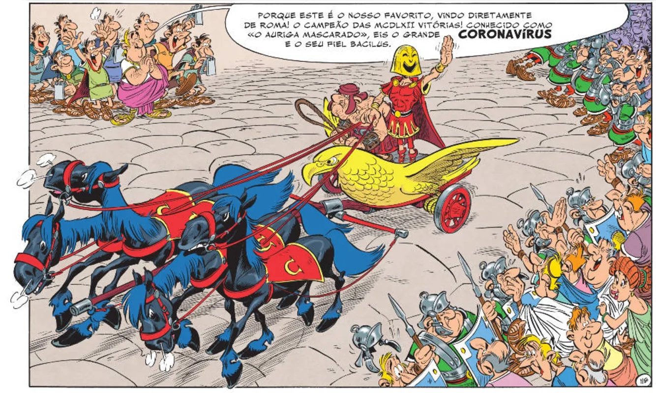 Na história em quadrinhos, criada em 2012, Asterix e Obelix disputam uma corrida de bigas com o vilão Coronavírus, cujo fiel escudeiro se chama...Bacilus 