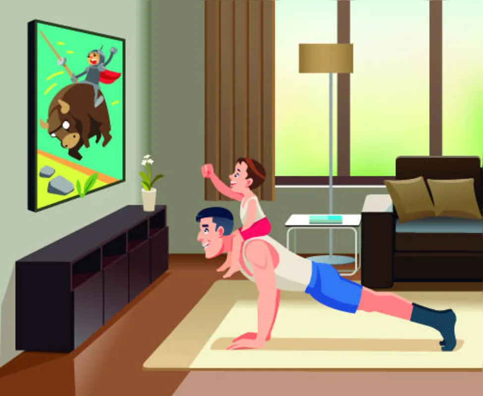 Man pushups from the floor with the boy on his back. This is image cheerful father of  with his little cute son spend time together, are watching tv. Concept Fatherhood child-rearing. Cartoon vector.