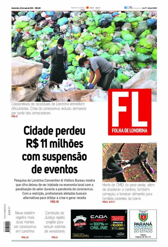 Imagem ilustrativa da imagem Capa Folha de Londrina Quarta-feira 20 de maio de 2020