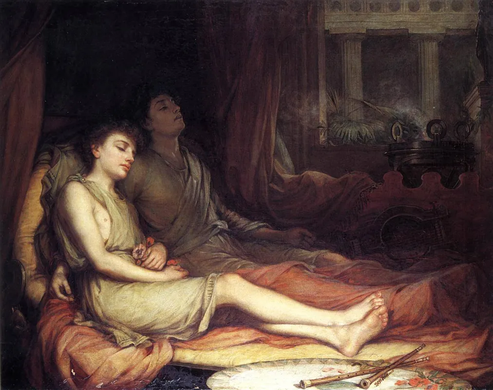 Pintura sobre tela "Hipnos e Tânato" de 1874 por John William Waterhouse