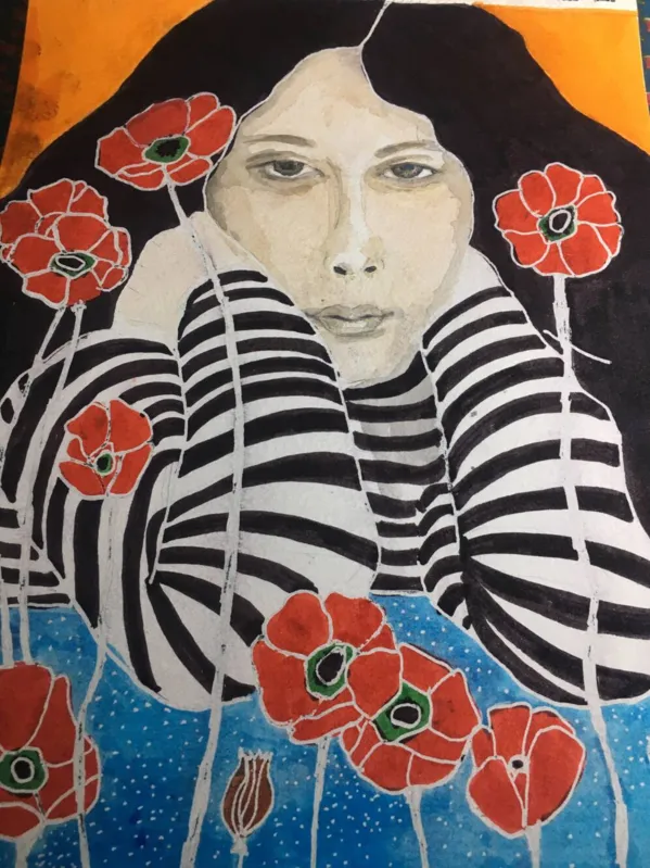 O retrato de Ana Cristina César, que morreu em 1983, foi um dos primeiros  feitos pela pintora, resgatando uma imagem conhecida da poeta