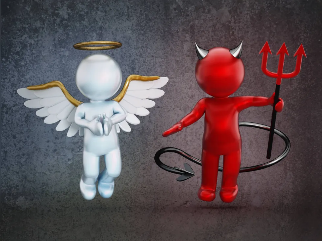 Angel and devil characters on dark grunge texture.