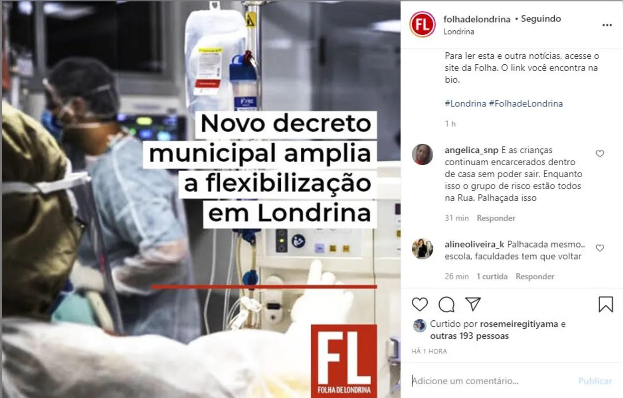 Imagem ilustrativa da imagem FOLHA NAS REDES| Flexibilização em Londrina