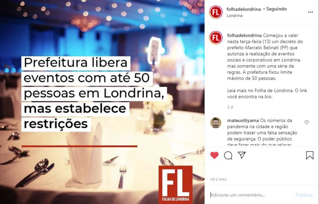 Imagem ilustrativa da imagem FOLHA NAS REDES| Liberação de eventos em Londrina