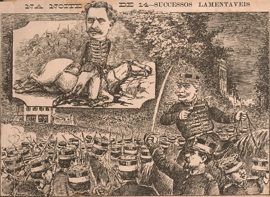 Charge de Angelo Agostini, publicada em O Malho, mostra o general Silvestre Travassos, um dos conspiradores da Escola Militar da Praia Vermelha, ferido mortalmente enquanto os soldados revoltosos fogem, e o general Piragibe, comandante da Brigada Policial, liderando as forças oficiais.