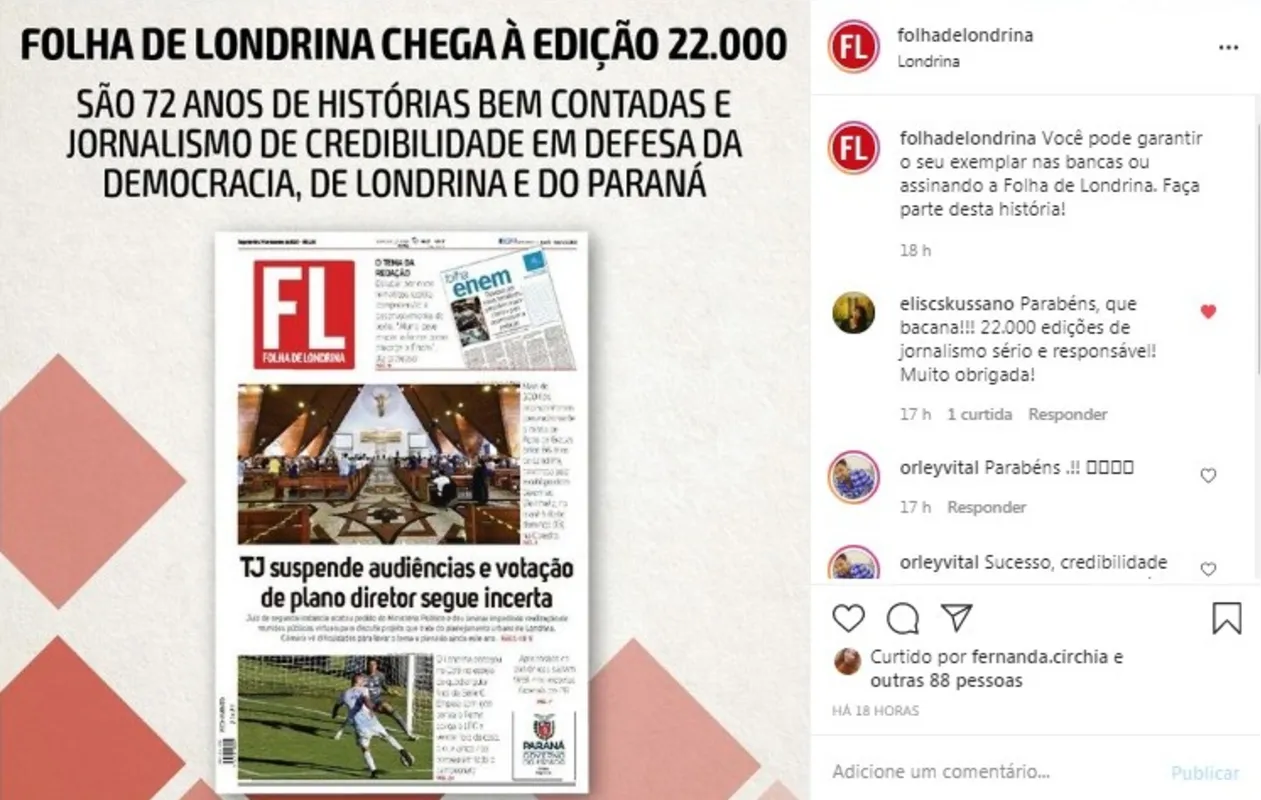 Imagem ilustrativa da imagem Folha Nas Redes|  22 mil edições da Folha de Londrina