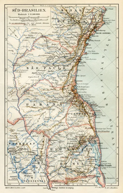 Mapa do Paraná  - Ilustração da enciclopádia alemã Meyers Konversations-Lexikon. Uma obra de referência de conhecimentos gerais, 5ª edição 17 volumes Bibliographisches Institut - Leipzig 1895-1897